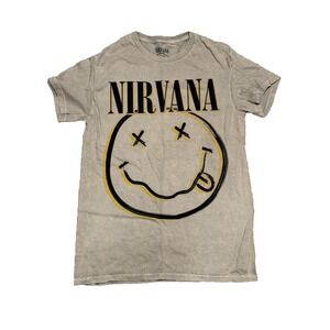 Nirvana Smiley‎ Logo Graphic Print Tee Tan w/ Black & Gold Small NWOT